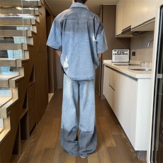 韩版复古做旧脏染破洞衬衫套装街头潮流牛仔裤TZ022-P125，男装牛仔裤，星座308B-2
