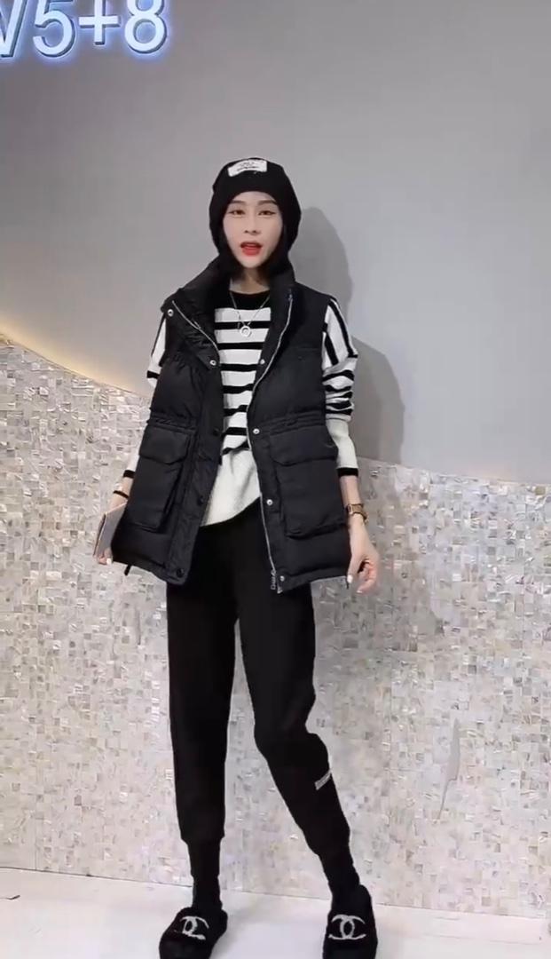 2021秋冬新款时尚韩版立领双口袋侧抽绳宽松百搭羽绒马甲,女装马甲,L·H·X