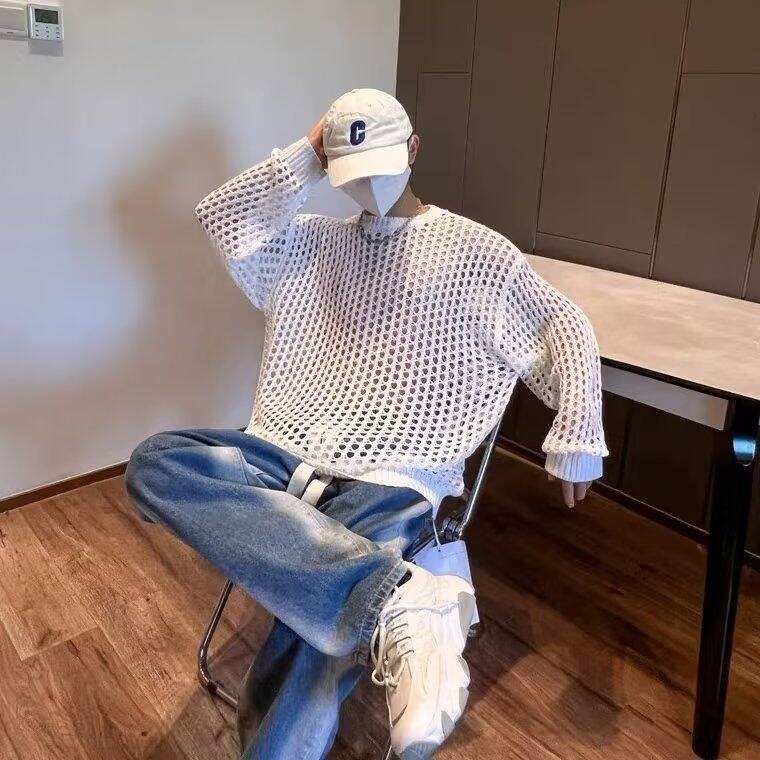 760-P35长袖t恤男士春夏季薄款潮牌针织渔网眼镂空罩衫，男装T恤，电商B323A