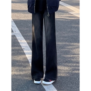 男直筒休闲半松紧黑色微喇叭加绒裤N719-P45图片