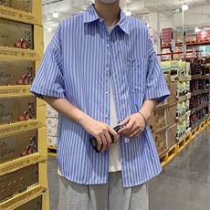夏季简约条纹衬衫男短袖韩版衬衣薄款男士半袖休闲衬衫CS053-P30，男装Polo衫，星座308B-1