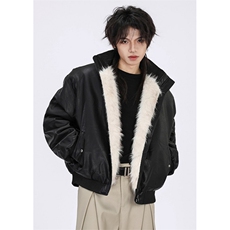 短款宽松座山雕飞行员PU夹克皮毛一体外套加绒棉服男MS5031，男装夹克，星座1116A（原606A-3）