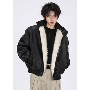 短款宽松座山雕飞行员PU夹克皮毛一体外套加绒棉服男 MS5031图片