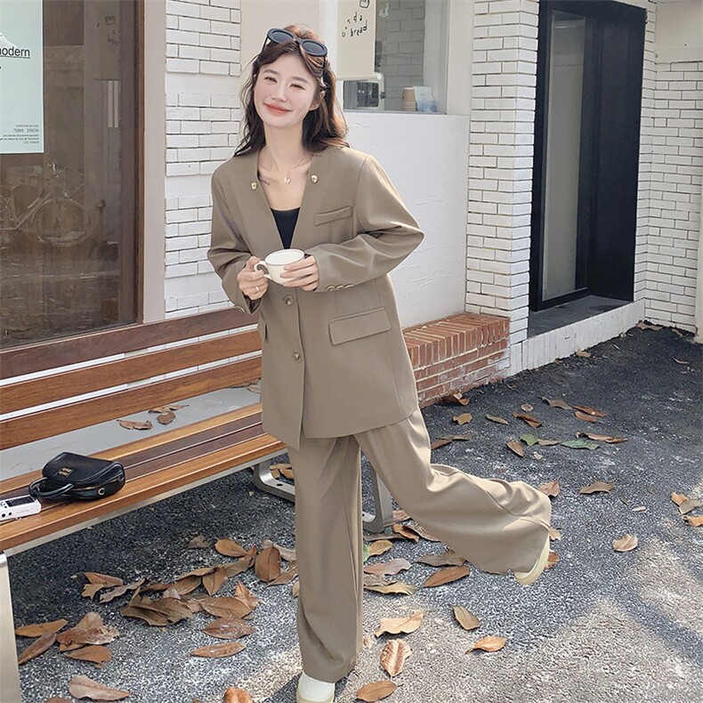 卡其色设计感韩系西服套装女2025年秋季新款西装休闲阔腿裤两件套,女装套装/套裙,2C116