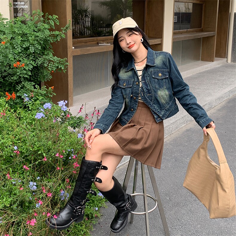 美式复古炸街设计感做旧蓝牛仔外套女2024高级百搭休闲短夹克上衣,女装短外套,MQ