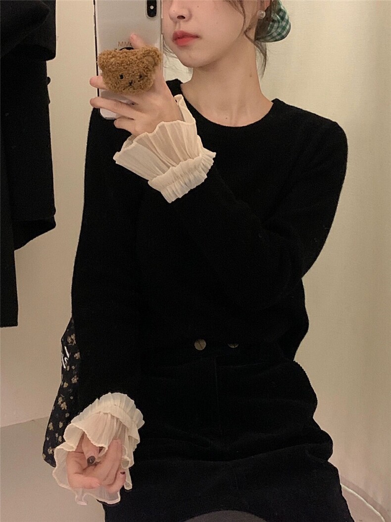 时尚百搭羊毛荷叶袖圆领打底衫显瘦修身长袖针织衫,女装羊毛衫,圣旺供货