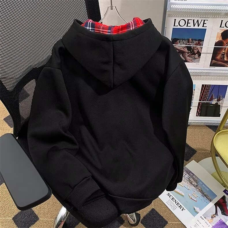 复绒连帽卫衣慵懒风潮复古格子拼接连帽情侣开衫外套WY289-P55,男装卫衣,星座302B-2