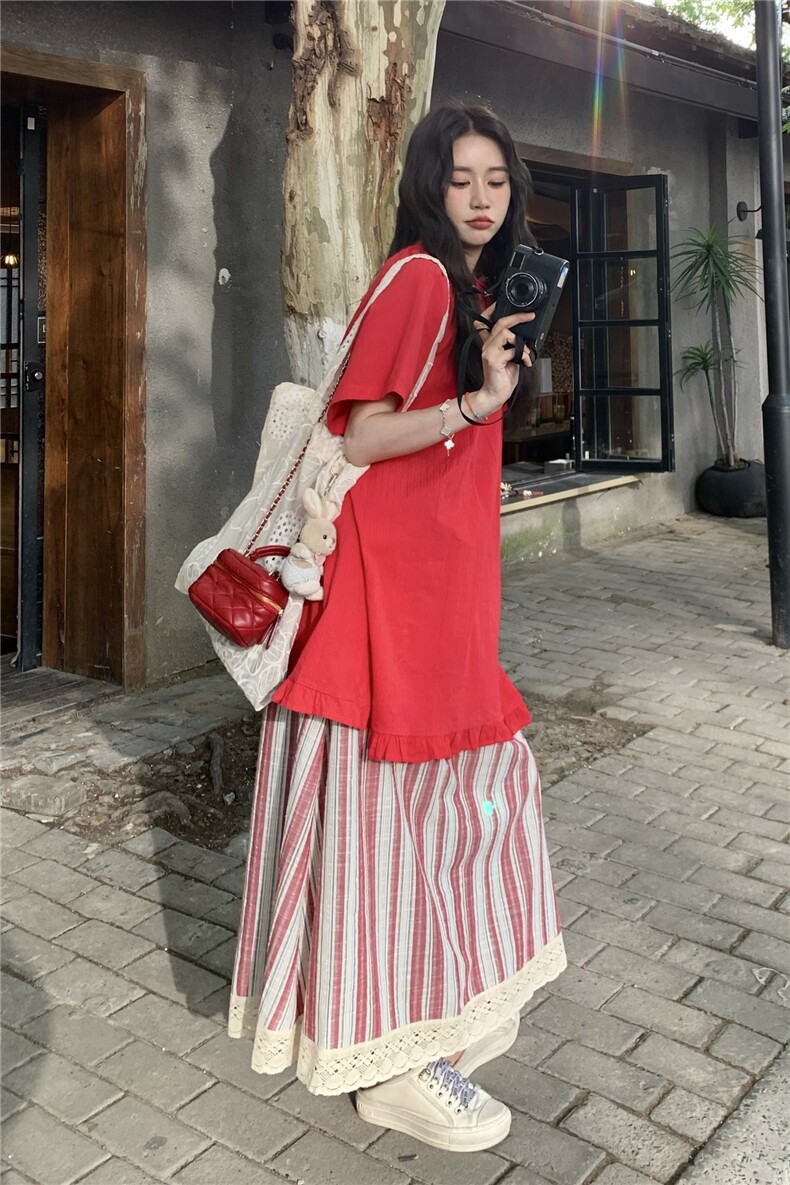 温柔系穿搭甜美红色t恤裙时尚洋气韩版条纹半身裙两件套女夏新款,女装套装/套裙,2C201