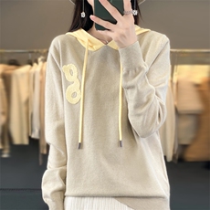 秋冬季新款拼色毛衣女长袖宽松显瘦百搭帽衫上衣，女装针织衫/毛衣，贵皇网供仓