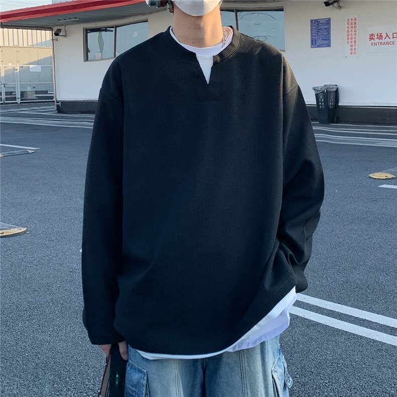 2026春夏大码假两件华夫格长袖T恤男宽松上衣 W56683/特P20 黑图片