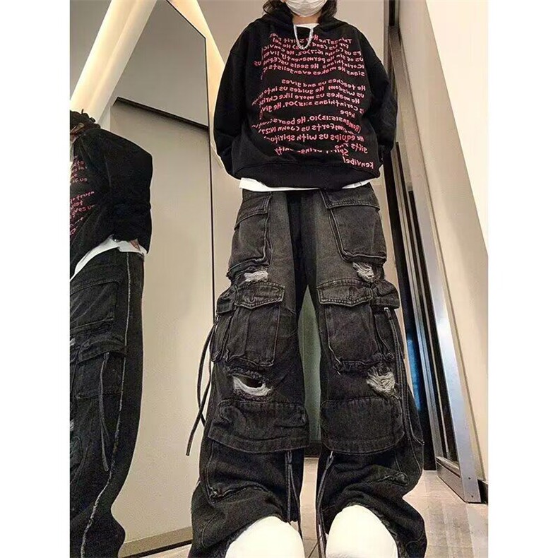黑色多口袋破洞牛仔工装裤女2025美式重工设计感宽松直筒阔腿裤子,男装牛仔裤,星座506A