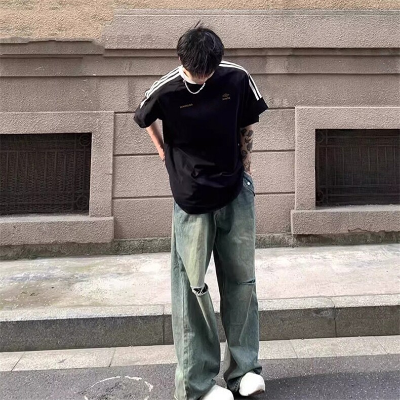 夏季美式高街重磅纯棉三条杠织带撞色男女短袖T恤ZD641-特P30,男装T恤,电商A486-1