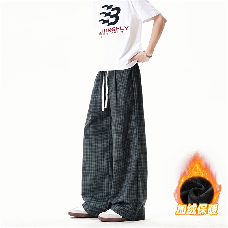 XK468-2JR-P38加绒秋冬灰色格子裤男松弛感美式休闲阔腿直筒裤,男装卫衣,电商A178