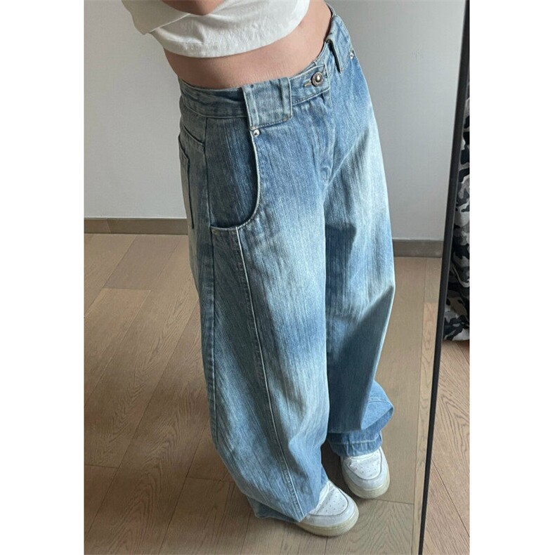水洗渐变设计感高街牛仔裤vintage竹节解构小众拼接弯刀裤N66016图片