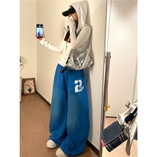 布零零美式复古水洗蓝色爵士舞裤子女阔腿宽松休闲运动裤加长卫裤，男装休闲裤，星座1210-1