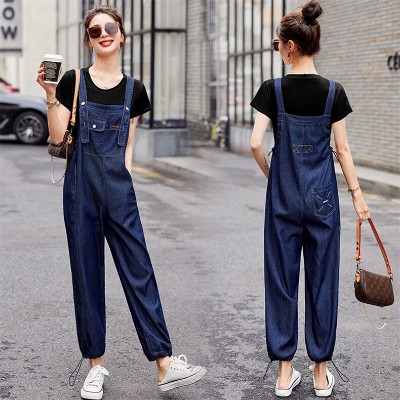 时尚简约牛仔背带裤女2025春秋新网红炸街宽松洋气显瘦阔腿两件套，女装套装/套裙，E百度