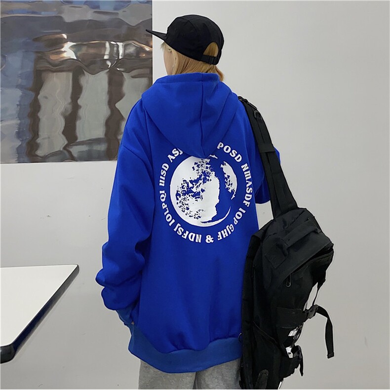 INS潮流街头嘻哈创意地球前后印花克莱因蓝加绒连帽卫衣E687-P65,男装卫衣,星座911-2(原星座613-2）
