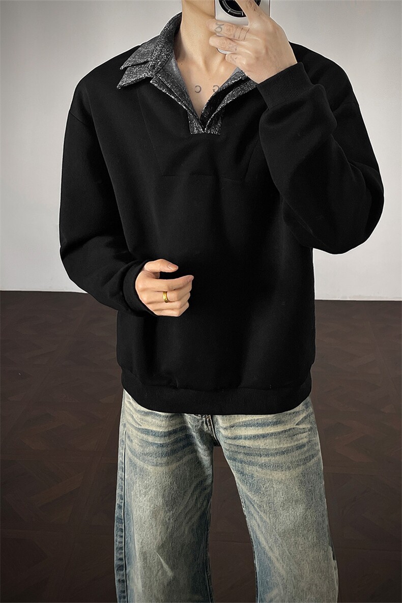 男士春秋卫衣设计款美式长袖打底衫polo衫假两件双领卫衣外套男,男装T恤,电商B319