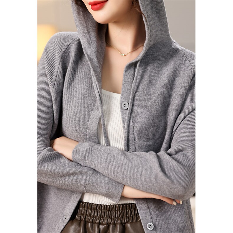 时尚女士秋冬安迪绒针织衫连帽系扣宽松显瘦毛衣,针织衫/毛衣,秋虹羊绒