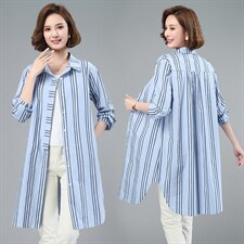 2021春季新款时尚百搭休闲条纹长款衬衫，女装衬衫，小林双子