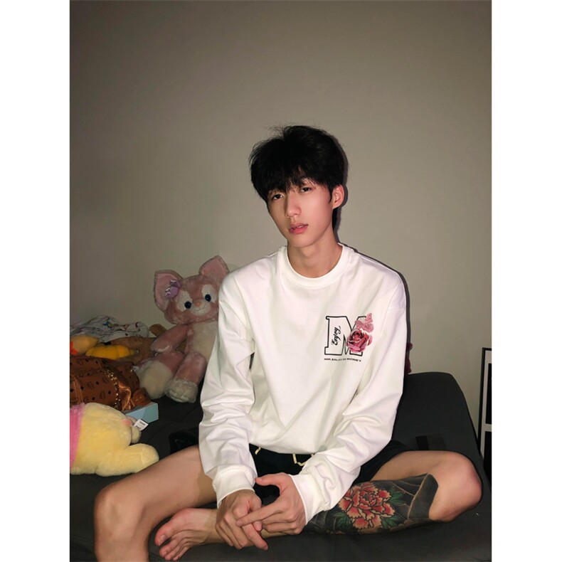 网图有货蝴蝶花园刺绣长袖T恤男女宽松休闲圆领上衣A1062-P40,男装T恤,星座1505