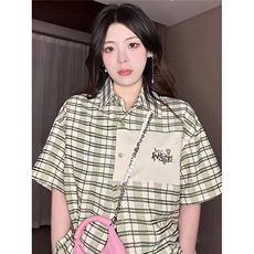 2025夏季新款米绿色格纹短袖衬衫女学生日系清新小个子衬衣开衫潮，男装T恤，星座506A