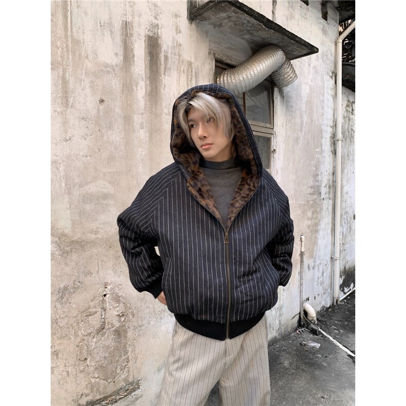 豹纹座山雕棉服男女宽松潮流复古竖条纹连帽外套,男装棉衣,星座506A