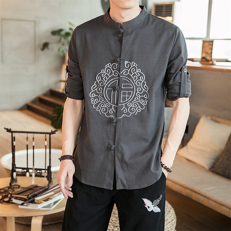 风棉麻大码衬衣男士休闲衬衫长袖立领复古盘扣男装CS506-P55,男装衬衫,钱塘788(原4013)