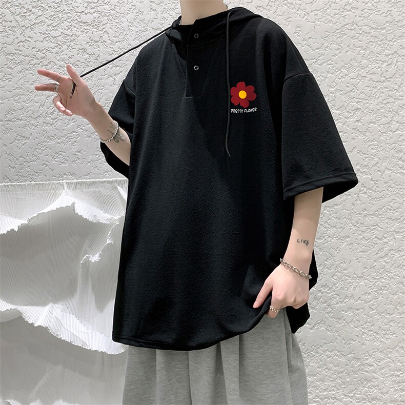 LD54257-P45连帽短袖t恤男大码胖子带帽五分袖中袖大皂风,男装T恤,电商A040