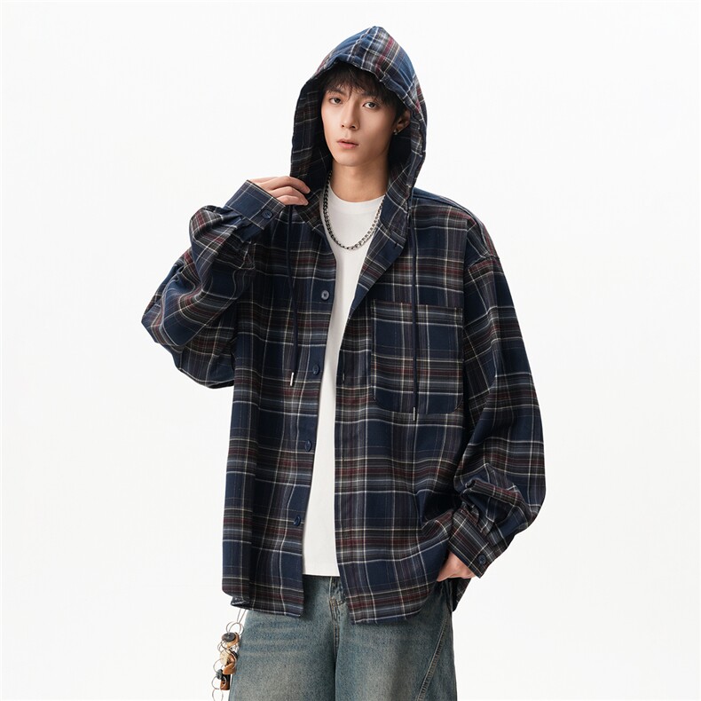 4无影墙秋冬复古格子连帽长袖衬衫HWH61-P68控108，男装衬衫，星座514A（原614）