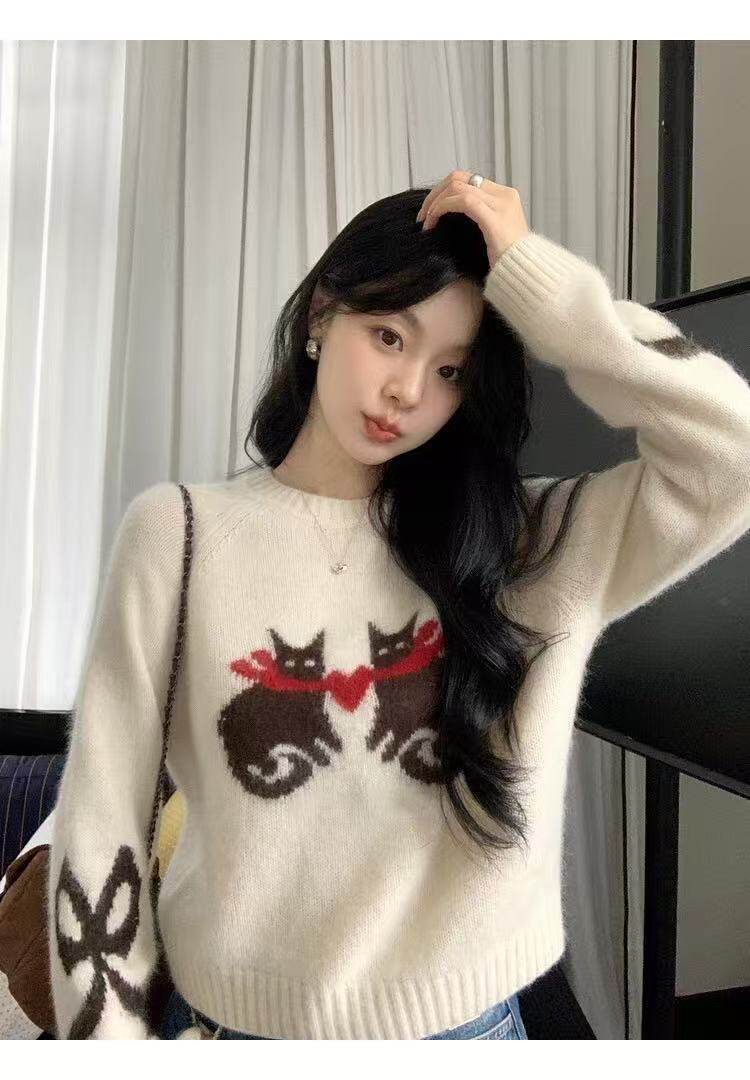 2025年秋季通勤单件提花蝴蝶结双猫，女装羊毛衫，百纯羊绒
