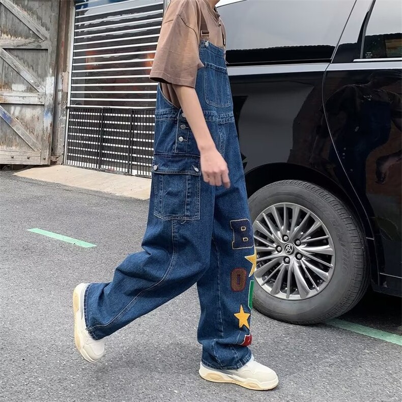 吊带牛仔裤男韩版潮流字母刺绣个性高街2023夏季ins长裤RK679-P60,男装牛仔裤,星座412-3