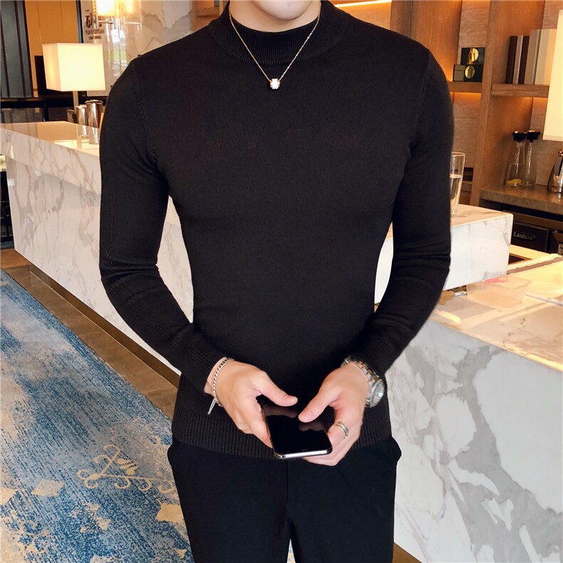 M07/p45半高领毛衣男秋冬休闲纯色修身长袖中领针织打底衫线衣,男装针织衫/毛衣,电商D303