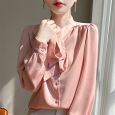 轻奢高端香槟色缎面蝴蝶结衬衫女飘带长袖衬衣职业通勤穿搭上衣，女装衬衫，圣丽羊绒