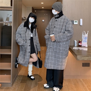 情侣装冬 中长款呢大衣翻领宽松廓形格纹夹棉毛呢外套G1038P128女图片