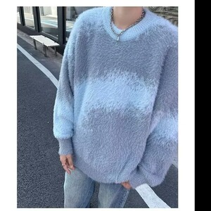 2025秋冬美式复古撞色慵懒风毛衣男款冬季宽松针织衫加厚保暖外套图片