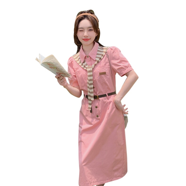 粉色设计感披肩衬衫连衣裙女2025夏季新款韩版小个子收腰显瘦长裙,女装连衣裙,2C316