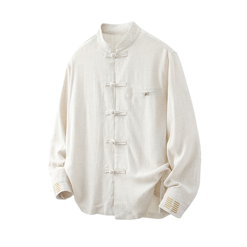 风亚麻盘扣立领长袖衬衫铜扣刺绣古装衬衣男A087-1-YM671-P95，男装衬衫，电商A087-1