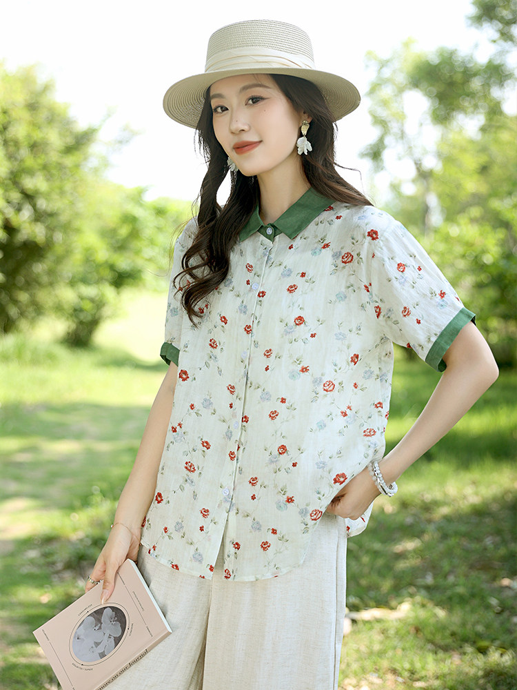 2025夏装新款温柔时尚显瘦复古撞色苎麻碎花衬衫直筒裤女,女装衬衫,凝聚力