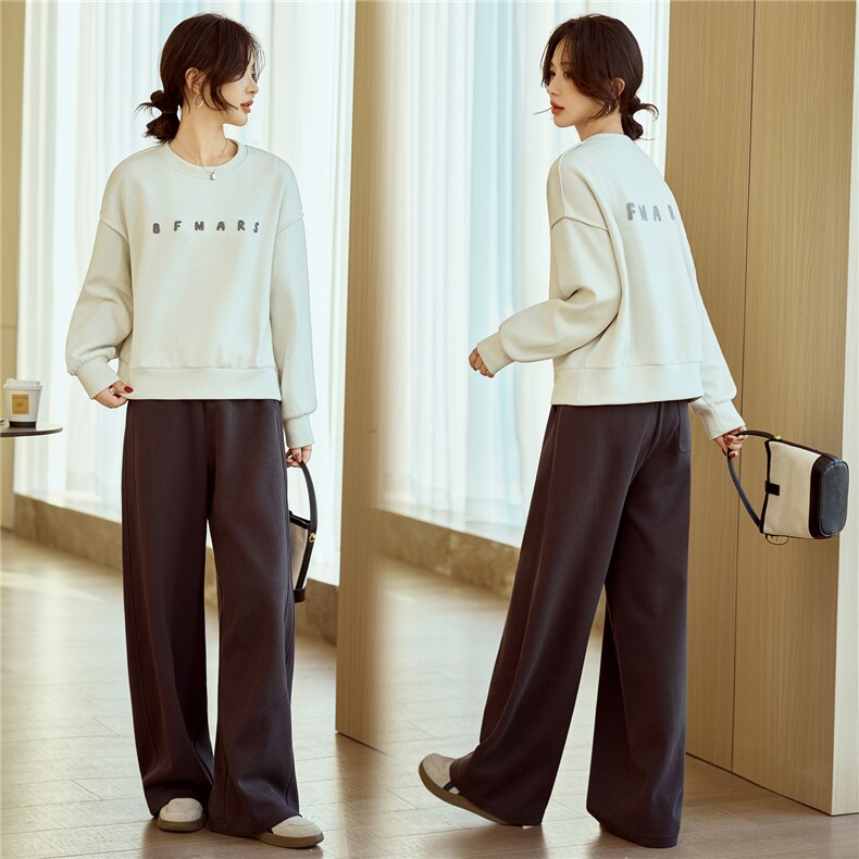 卫衣套装女2026年春季米色美式复古宽松上衣女简约直筒卫裤，女装卫衣/绒衫，梦懿尔