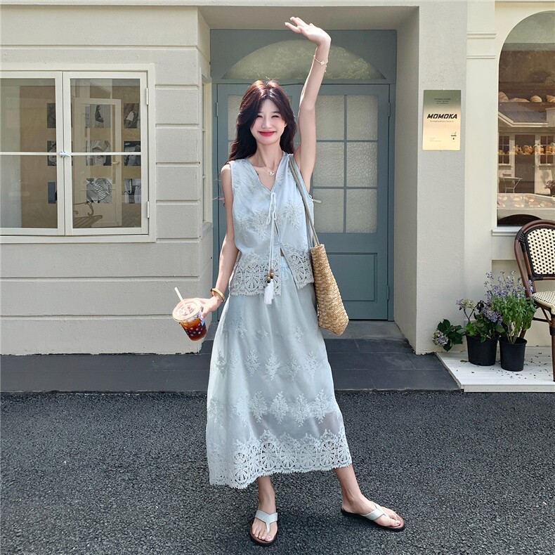 新中式国风套装女2025夏季新款超好看蕾丝拼接马甲半身裙两件套,女装套装/套裙,2C133
