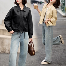 2025春季新款韩版休闲翻领短款皮衣抽绳外套女宽松百搭夹克上衣潮，女装皮衣，美拉德工厂直营店