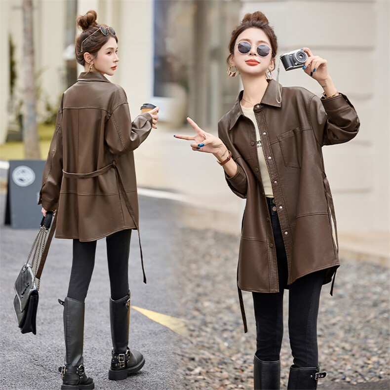 2025春秋女士新款中长款时尚简约韩版宽松复古长袖皮衣风衣外套，女装皮衣，潮流依族