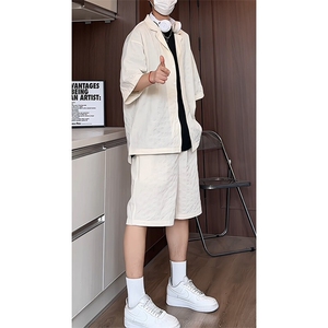 TZ52932/P65西服领短袖衬衣裤子套装男潮夏季肌理感西装领两件套
