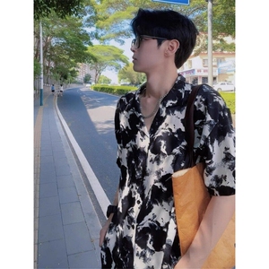 韩扎染水墨画翻领短袖衬衫男夏季冰丝宽松垂感短袖衬衣 C3384图片