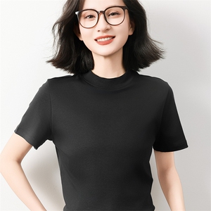 简约风液氨纯棉短袖T恤女2025新款宽松显瘦正肩t恤立领半袖打底衫图片
