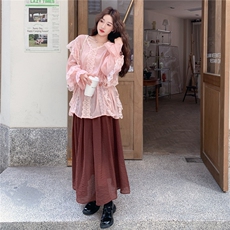 粉色蕾丝拼接衬衫套装裙女2025秋新款法式甜美温柔风半身裙两件套，女装套装/套裙，2C158
