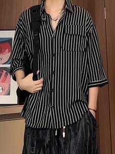 C2037/P35现货夏季条纹工装短袖衬衣男士宽松衬衫五分袖潮大码男图片