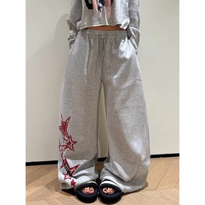 美式慵懒休闲 ??星星印花抽绳弯刀卫裤男女宽松百搭拖地长裤图片