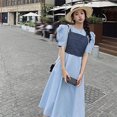 法式复古气质泡泡袖连衣裙套装女2025夏季新款显瘦背带马甲两件套，女装连衣裙，韩蜜菓
